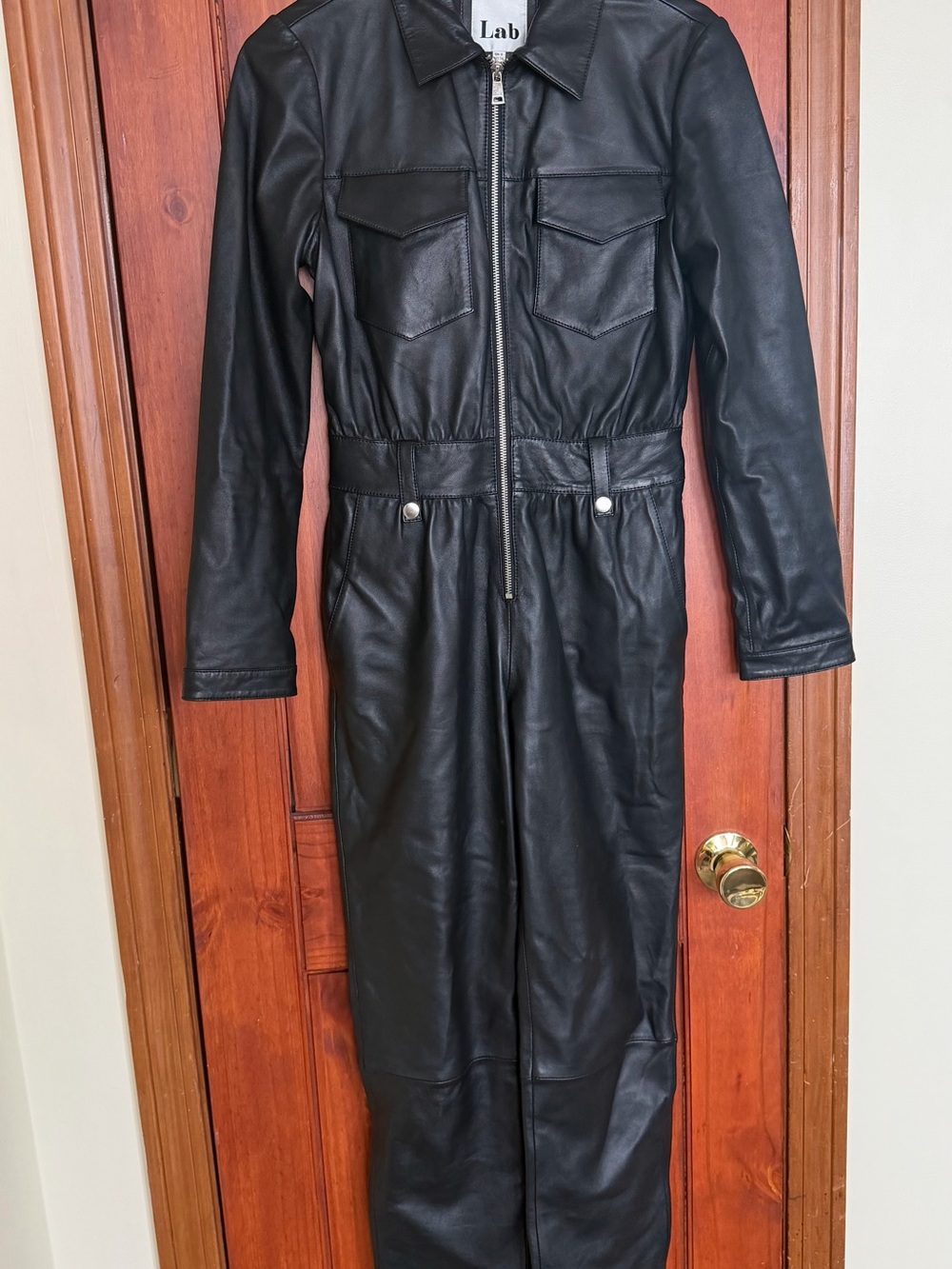 Lab Black Leather Long Zip Jumpsuit Jacket 4 Petite - Picture 6 of 8